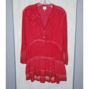 Cupio Tunic Top Medium Red Tie-Dye Crochet Lace Tiered Boho Whimsigoth